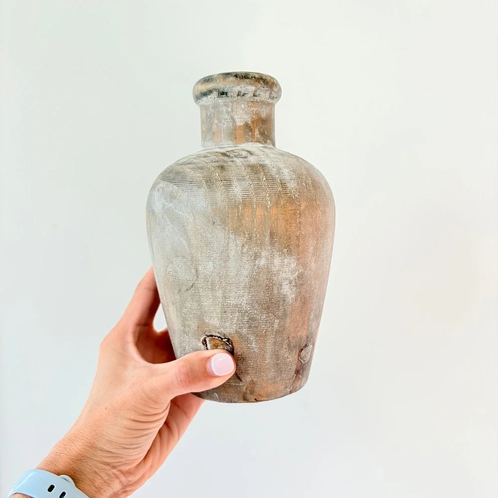 Vintage Hand Carved Whitewash Wooden Vase Rustic Farmhouse Decorative Vessel 7in